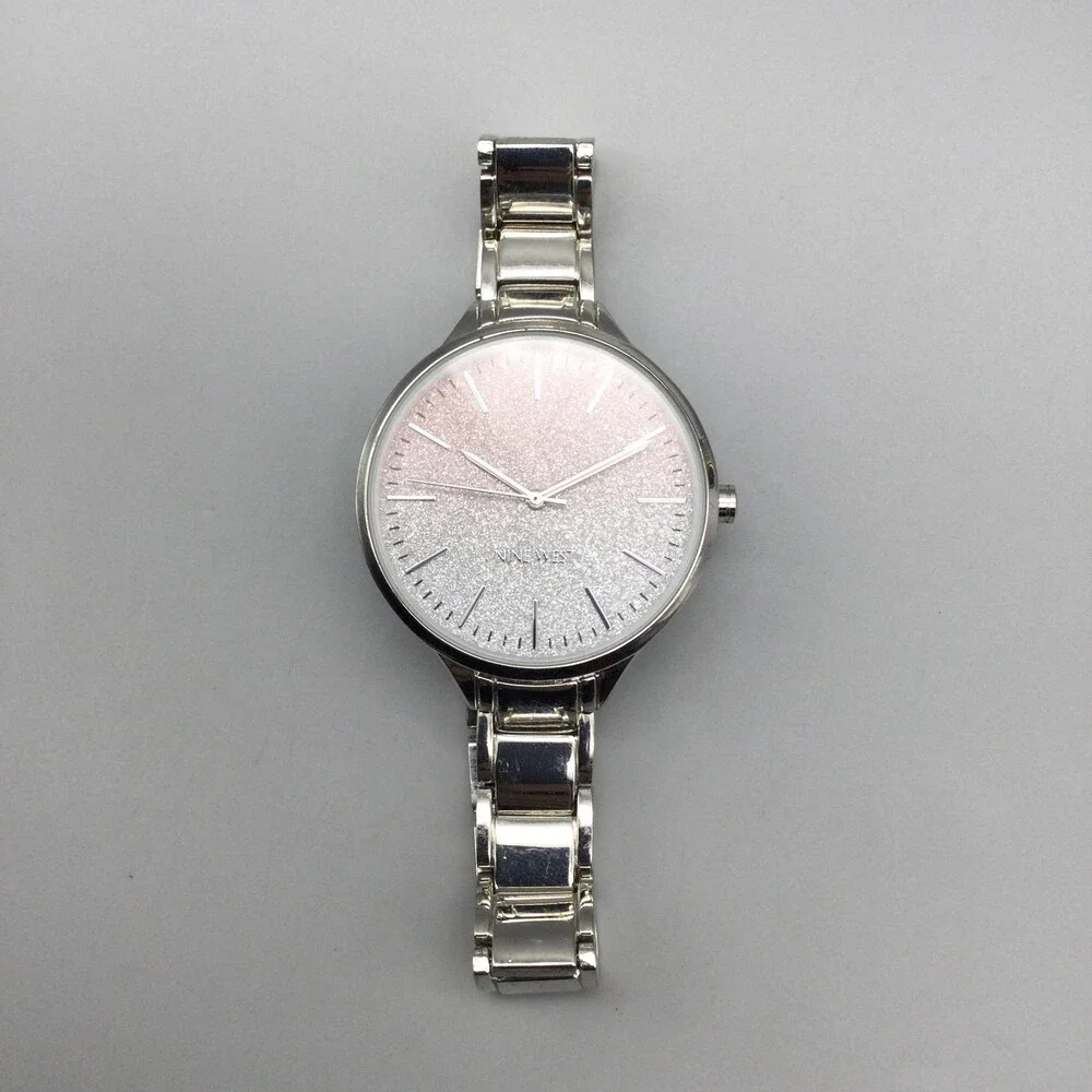 Nine West Womens Watch 36mm Silver Tone Pink Glitter Dial NW23837 New Battery 7